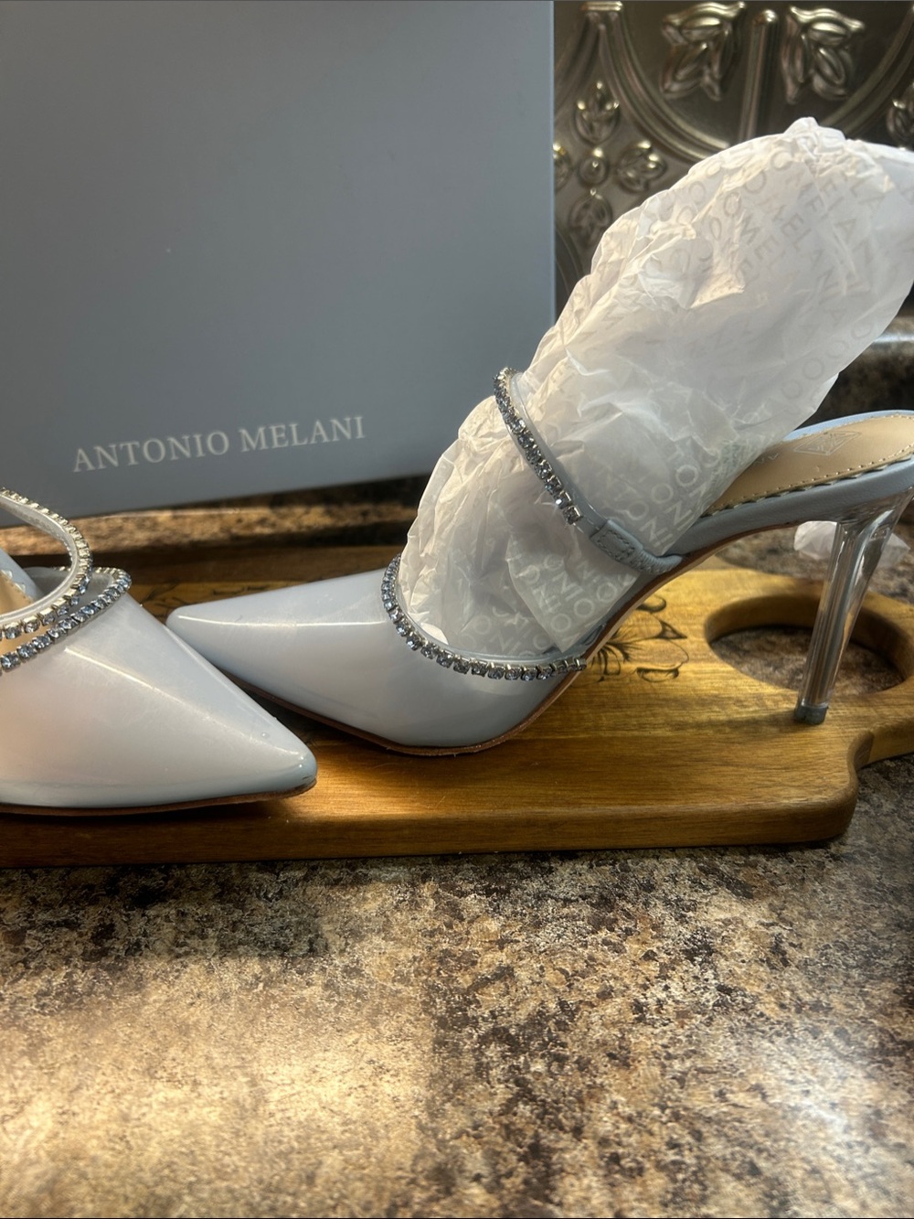 ANTONIO MELANI White Patent Pointed-Toe Heels with Crystal Straps